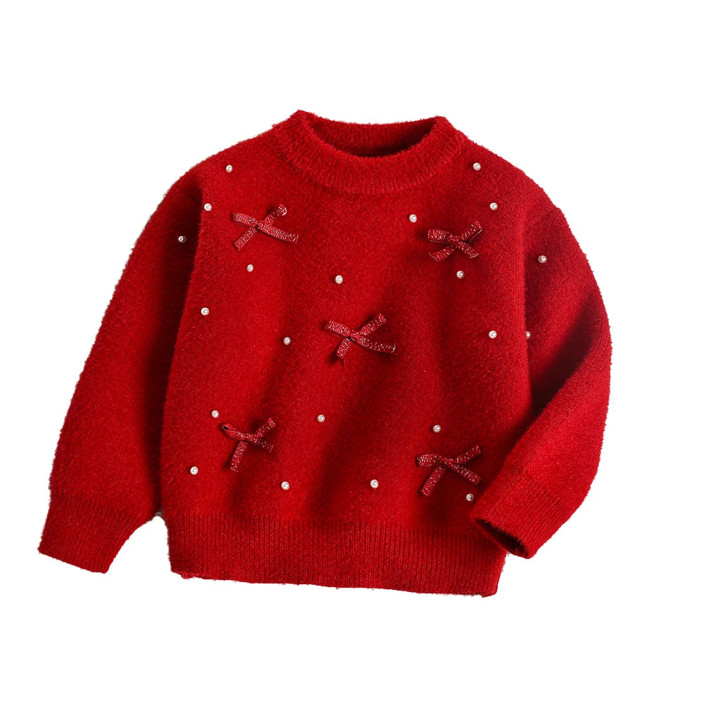 New Autumn Baby Knitwear Cute Girls Bow Bead Children's Sweater Thin Kids Clothes 9M-5T Girls