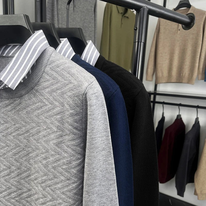 Men's Knitted Sweater With Shirt Collar - Vintage Style Fake Layered Business Casual, Pullover Old Money Style Top
