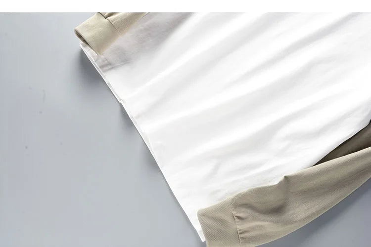 Autumn New American Retro Long Sleeve O-neck Contrast Splicing T-shirt Men's Fashion 100% Cotton Washed Old Casual Sport Tops