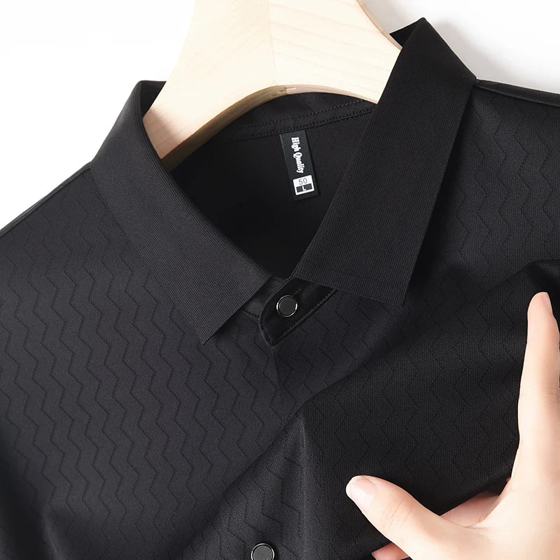 Men's Summer Lapel Shirt, Slim Fit Short-Sleeved, Fashion Dark Pattern Knitted Fabric Polo Shirt