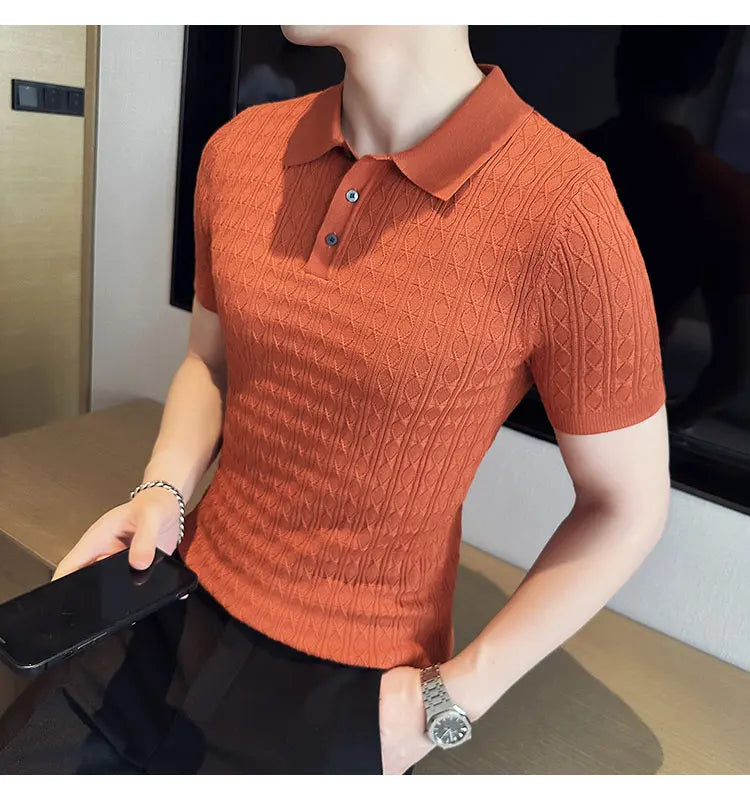Men's Slim-Fit Jacquard Knitted Short-Sleeved Polo Shirt for Male Fashion Lapel Golf Shirt