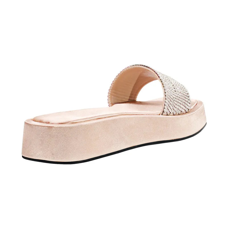 Women Flat Sandals Rhinestone Slippers Peep Toe SlidePink Summer Flat Sandals