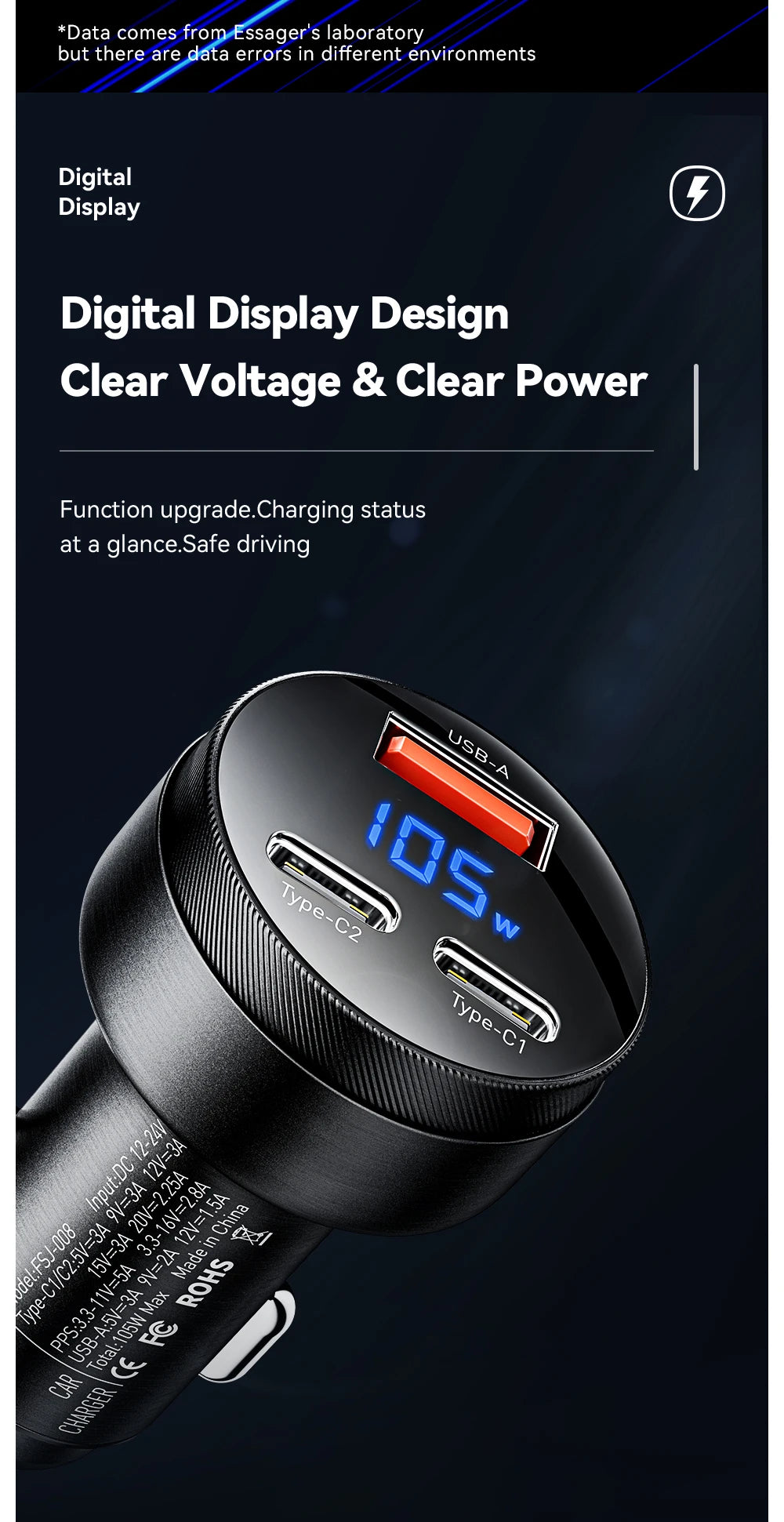 Essager USB C Car Charger 105W Quick Charge PD3.0 QC4.0 3.0 SCP PPS USB Type C  Fast Charging For iPhone 15 14 13 Samsung Xiaomi