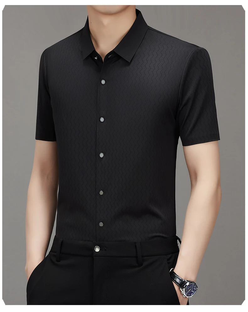 Men's Summer Lapel Shirt, Slim Fit Short-Sleeved, Fashion Dark Pattern Knitted Fabric Polo Shirt