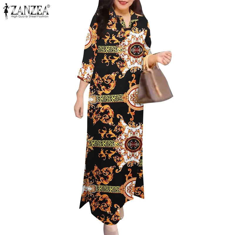Fashion Slit Hem Shirtdress 3/4 Sleeve Women Vintage Casual Maxi Dress Autumn Baroque Print Lapel Neck Long Vestidos