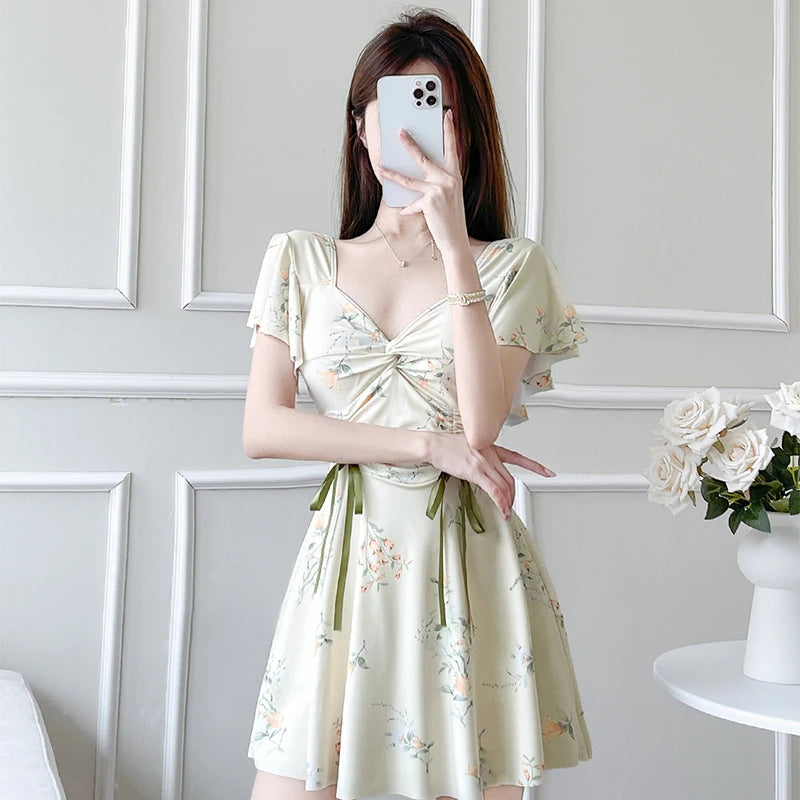 Elegant Pleated Ruffle Sleeve Swimsuit Women Fashion Printed Beach Bathing Suit Conservative Belly Covering Slimming Swimwear