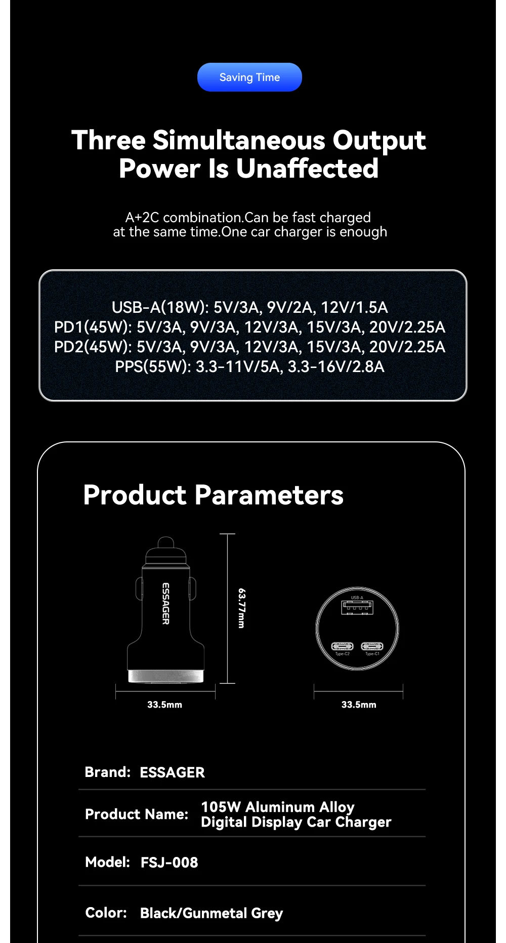 Essager USB C Car Charger 105W Quick Charge PD3.0 QC4.0 3.0 SCP PPS USB Type C  Fast Charging For iPhone 15 14 13 Samsung Xiaomi