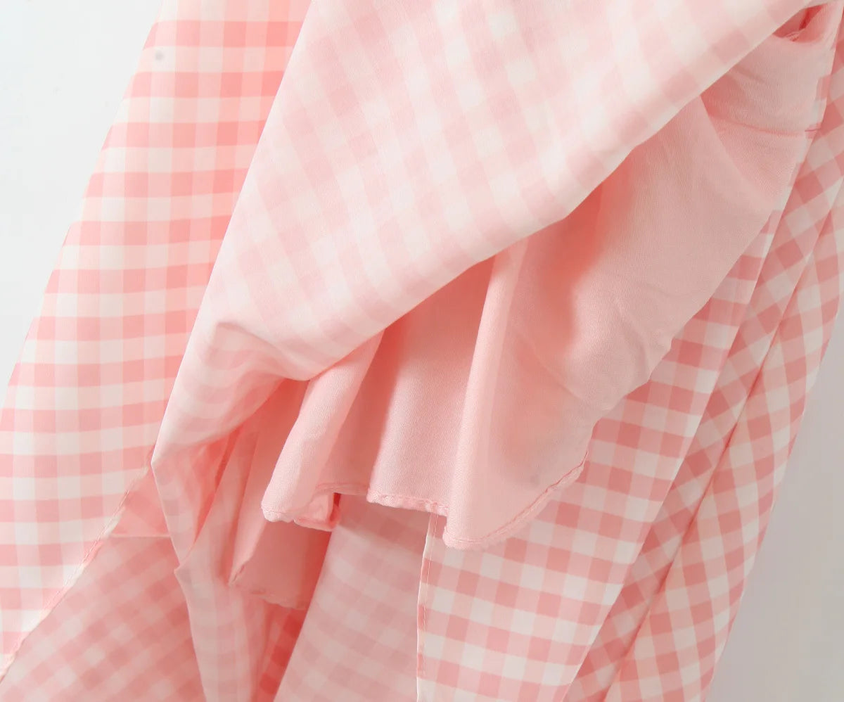 Summer Women Sexy Backless Pink Plaid Halter Dress Low Waist Elegant Party Dresses Holiday Robe