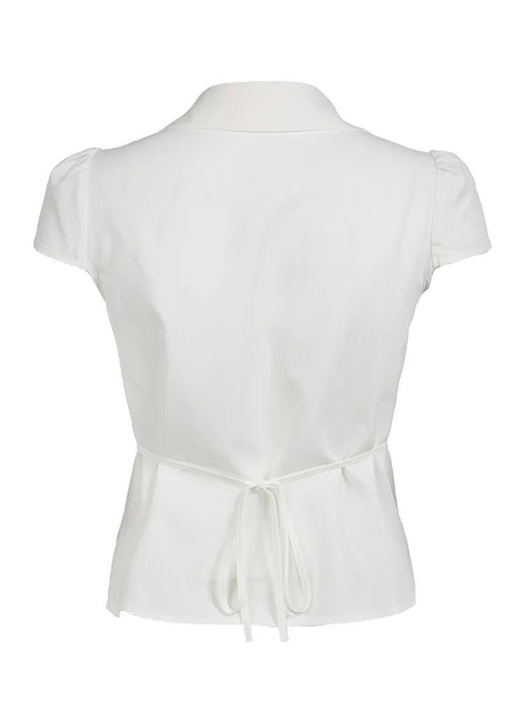 Women's Buttons Down Shirt, Short Sleeve Lapel Collar Back Tie-up, Slim Fit Tops For Summer Streetwear