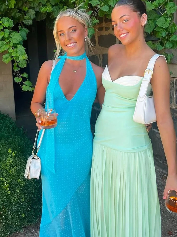 Patchwork Strapless Sexy Dress Women 2025 Summer Elegant Slim High Stretch Draped Pleated Birthday Party Bodycon