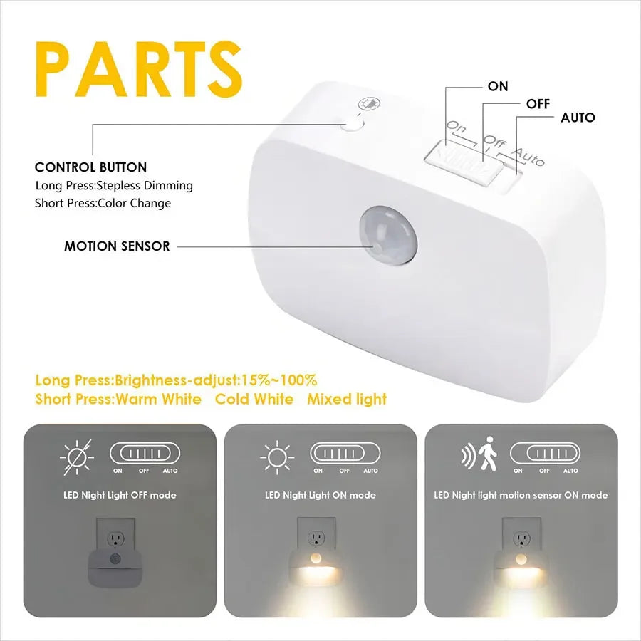 3-kleuren LED-nachtlampje met bewegingssensor EU US-stekker PIR-menselijke infraroodinductielamp voor slaapkamer, gang, trap, keuken