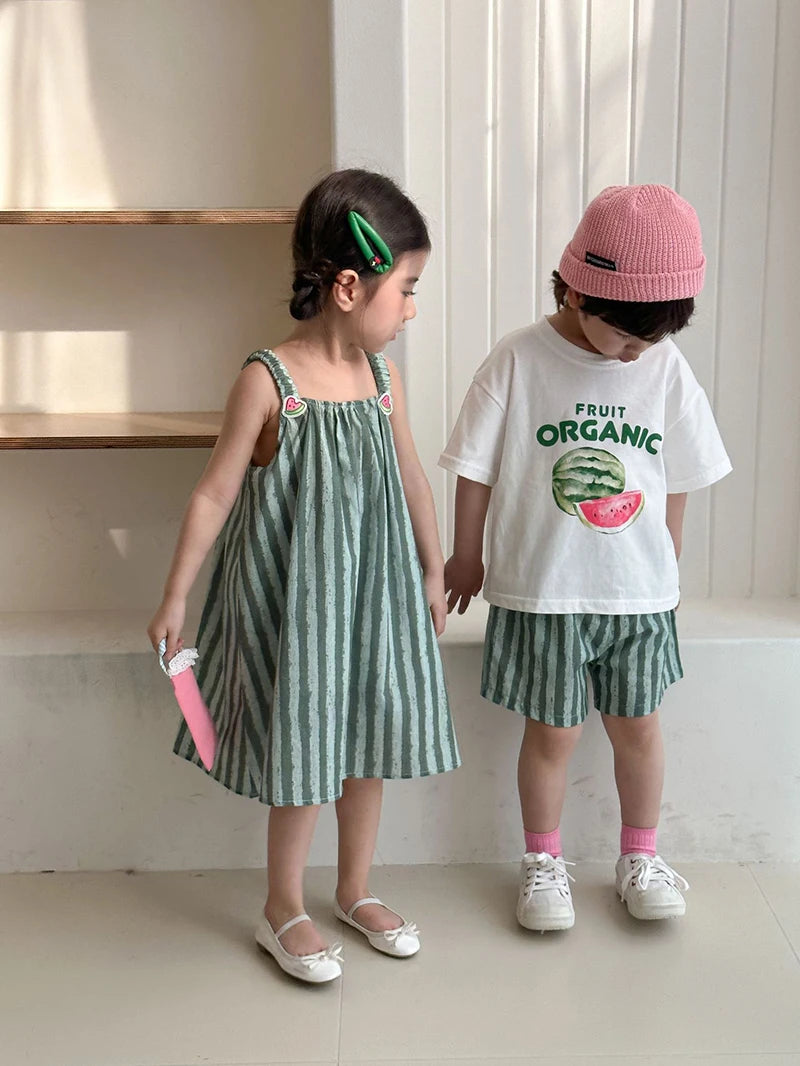 Children's Summer Clothes 2PCs Set Boys' Pure Cotton Striped Tee and Shorts Suit Cute Girls Suspenders Dress Siblings' Outfit Unisex