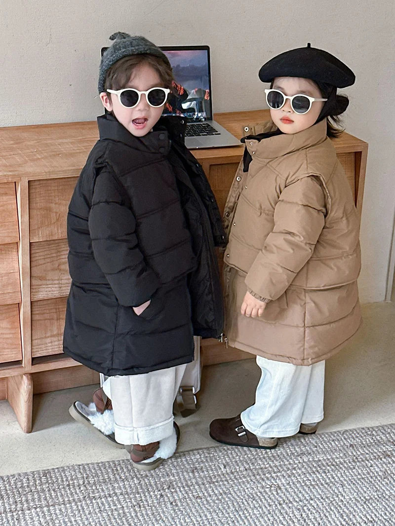 Winter Kids Parkas Thicken Vest And Parkas 2 Pcs Boys Long Parka Cotton Lining Girls Jacket 4-6Y Unisex
