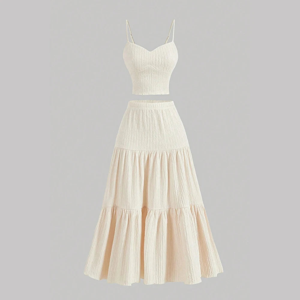 Sets Summer Simple Decent Solid Colour Screw Thread Sleeveless Sweetheart Neck High Waist Pleated Skirt Sets For Women