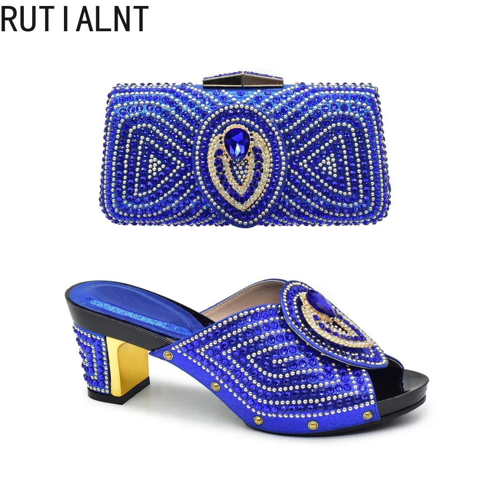Italian Shoes with Matching Bags with Rhinestone Luxury Crystal Shoe Women Designers Nigerian Women Party Pumps with Purse