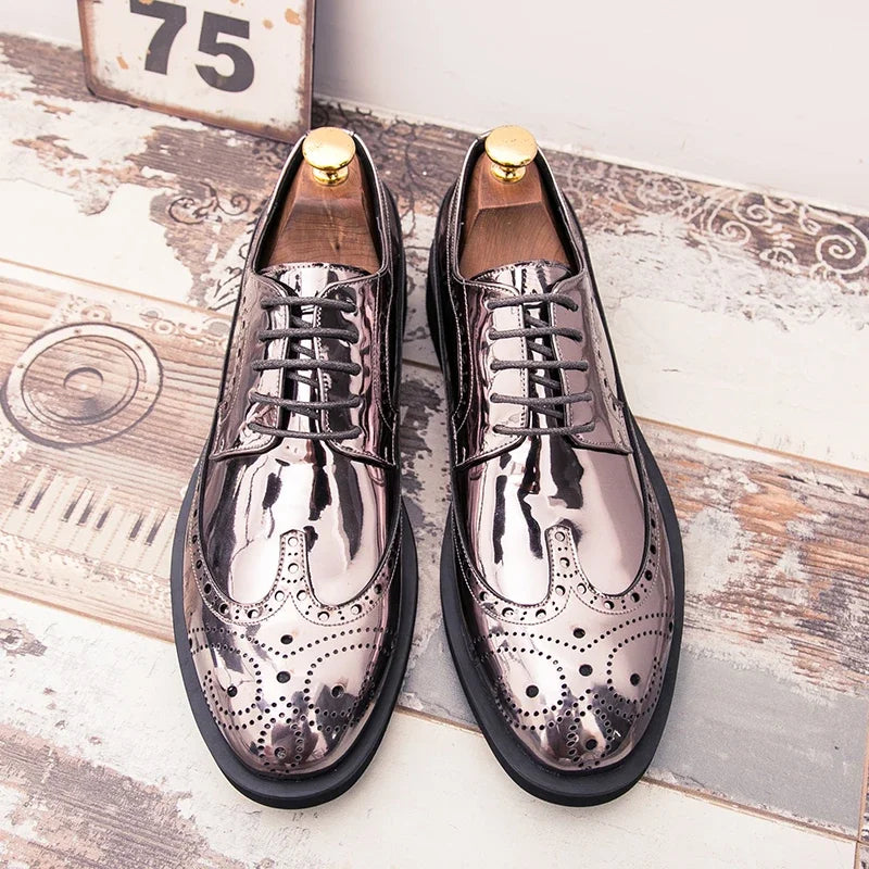 Fashionable Mens Silver Brogue Shoes New Cool Male Formal Evening Shoes Large Size 38-46 Wedding Dress Shoes for Men