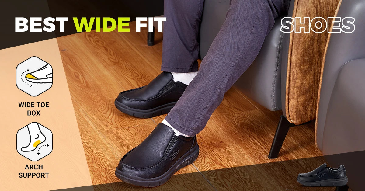 Men's Shoes Wide Width Leather Slip-On Casual Shoes Lightweight For Swollen Feet with Arch Support Pain Relief