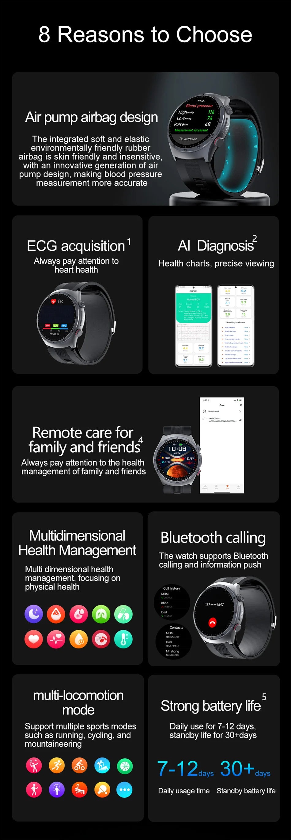 Airbag Type Blood Pressure Smart Watches Blood Oxygen Sport Call Health Tracking Sapphire Glass AMOLED Air Pump Smartwatch With NFC