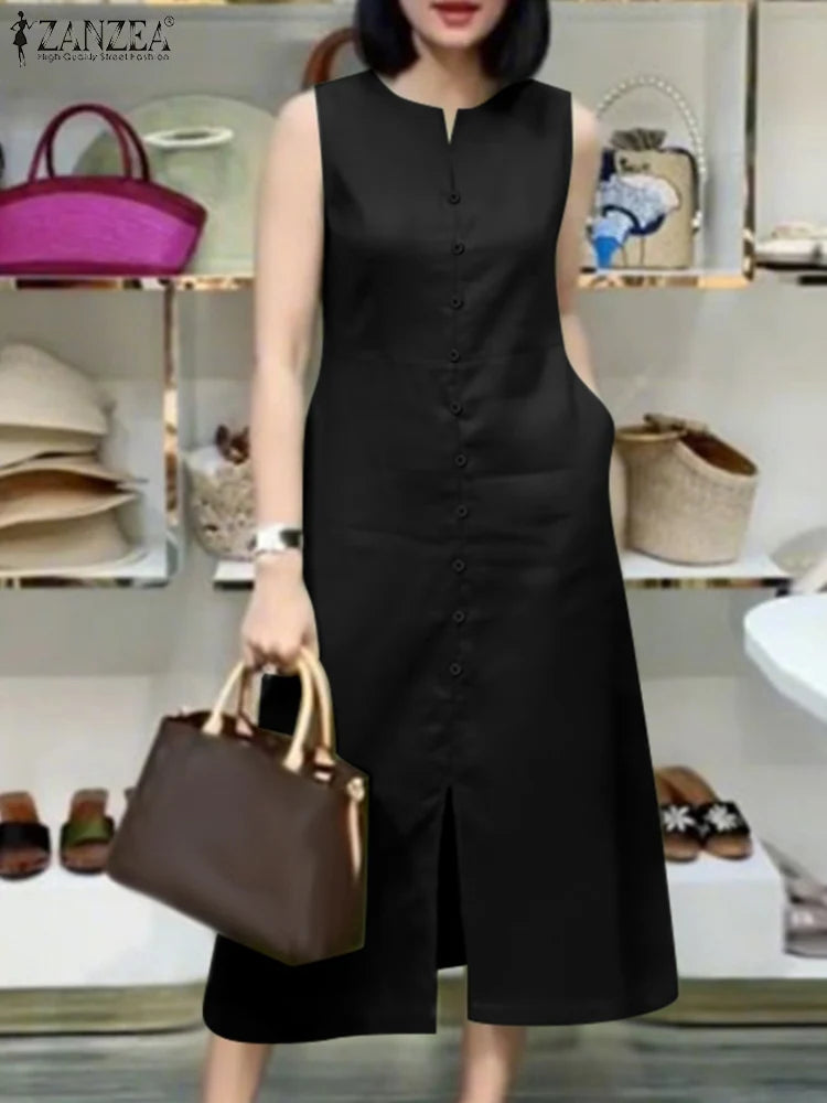 2025 Women Summer Sundress Elegant Work OL Midi Dresses V Neck Sleeveless Solid Dress Fashion Buttons Down Robe Plus Size