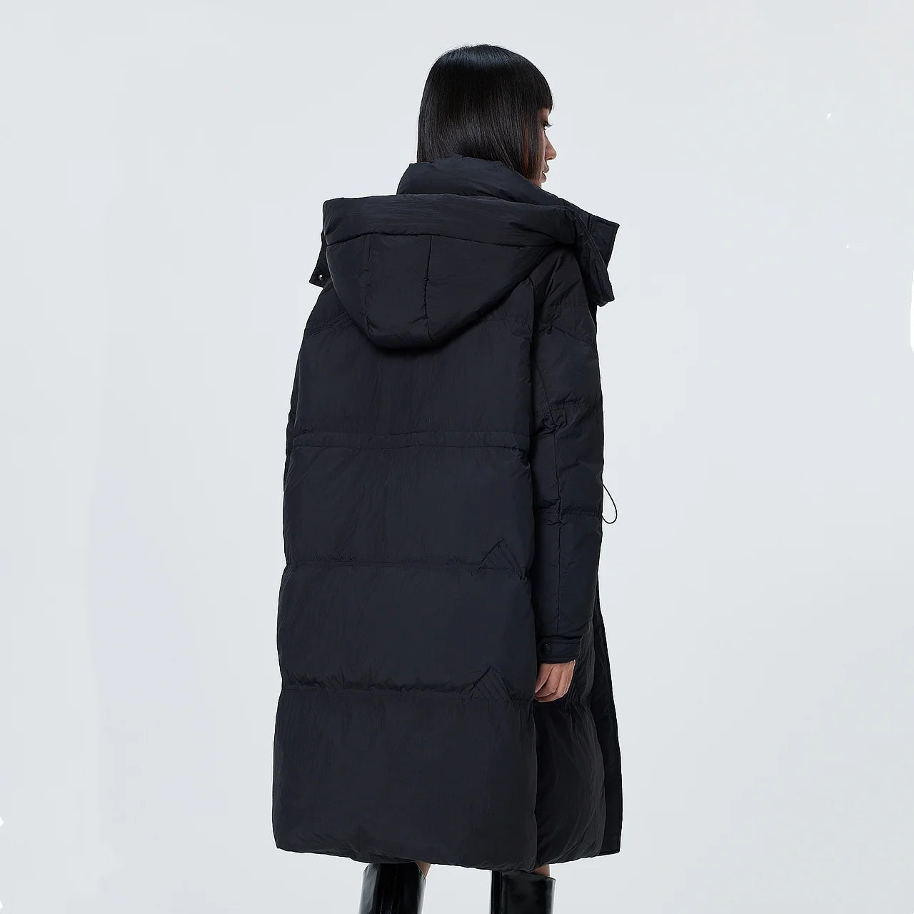 Women's Stand Collar Hooded Long Down Jacket, Waist Adjustable Belted Solid Colour, Thick Puffer Coat Fashionable Korean Style For Ladies