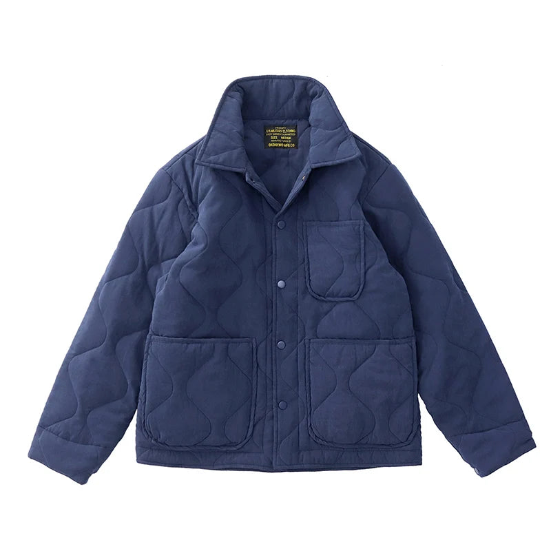 Winter New American Retro Langarm Revers Baumwolle gepolsterte Cargojacke Herren Einfacher dicker Innenliner Lässiger Mantel mit mehreren Taschen