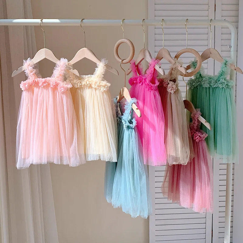 Summer Kids Sweet Mesh Dress Girls 6 Colours Suspended Floral Beach Skirt Children Tutu Princess Dress 1-6Y Girls
