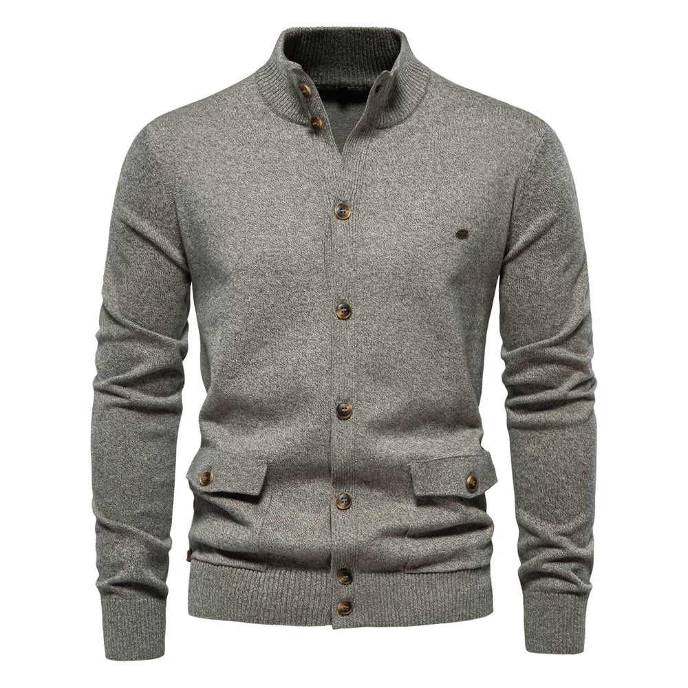Men's Knitted Stand Mock Neck Cotton Cardigan Casual Social Autumn Button-Up Sweater Jacket for Men