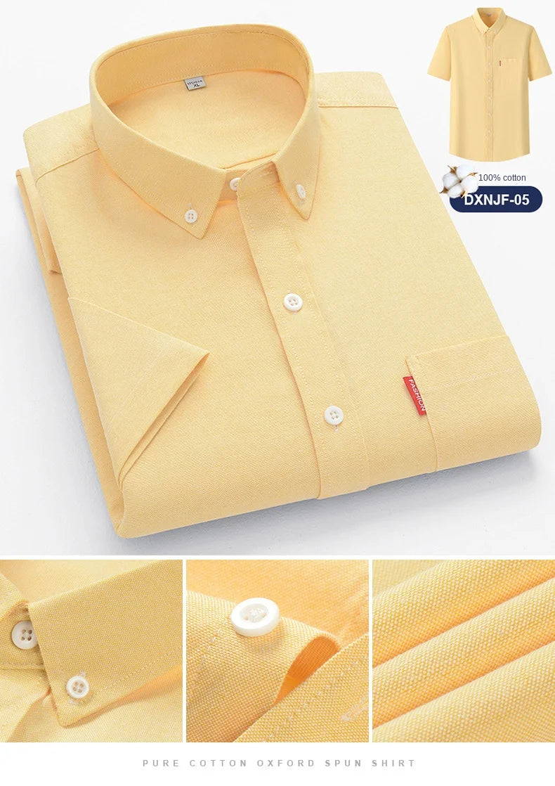 Men's Summer Shirts Short Sleeve 100% Cotton Luxury Oxford White Yellow Red Business Formal Dress Shirt Big Size 5XL