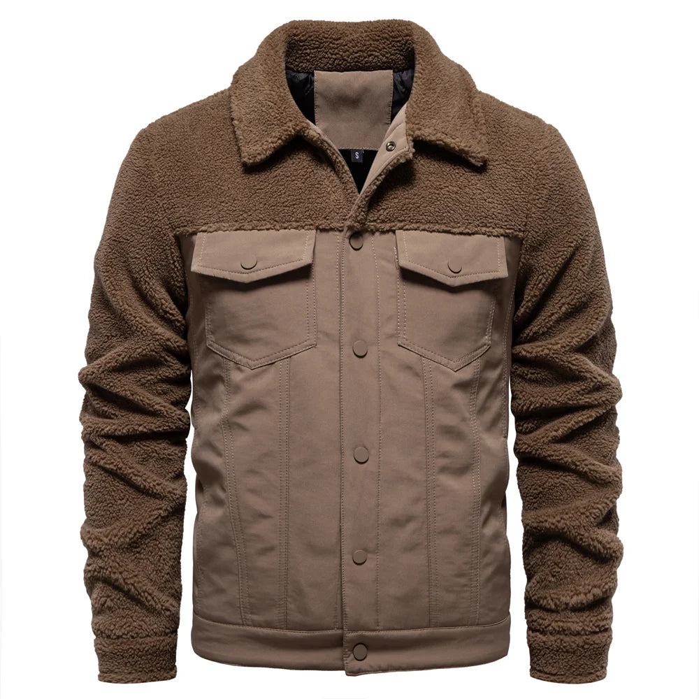 Men's Winter Warm Thick Sherpa Fleece Jacket Patchwork Fur Collar Fashion Casual Work Jackets for Men