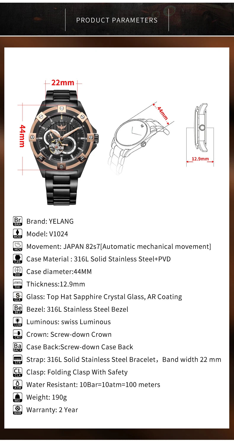 Yelang V1024 Men's 44mm Automatic Mechanical Watch Luminous 100m Water Resistant Japan Miyota 82S7 Movement Stainless Steel Band