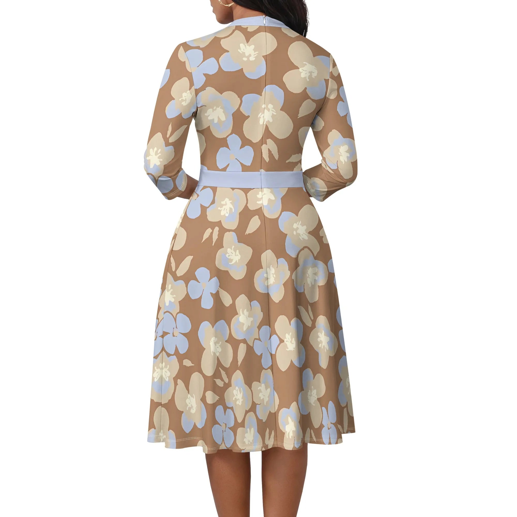 Women's Abstract Off Shoulder Maxi Dress 3/4 Sleeve Blue Gold Slit Party Evening