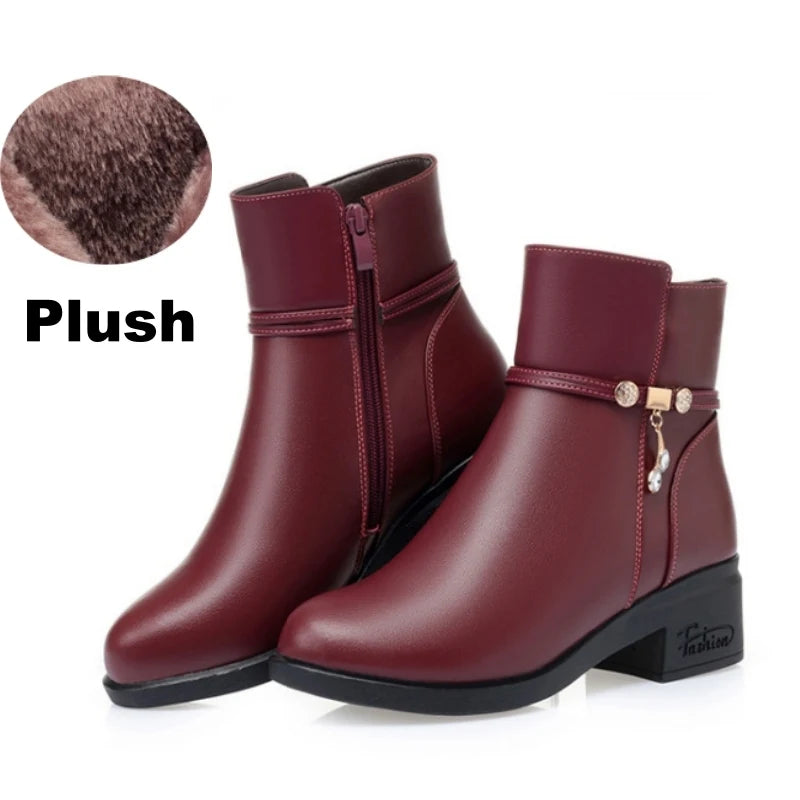 Women's Mother Female Genuine Leather Shoes Ankle Boots Winter Fur Plush Wool Warm Zipper