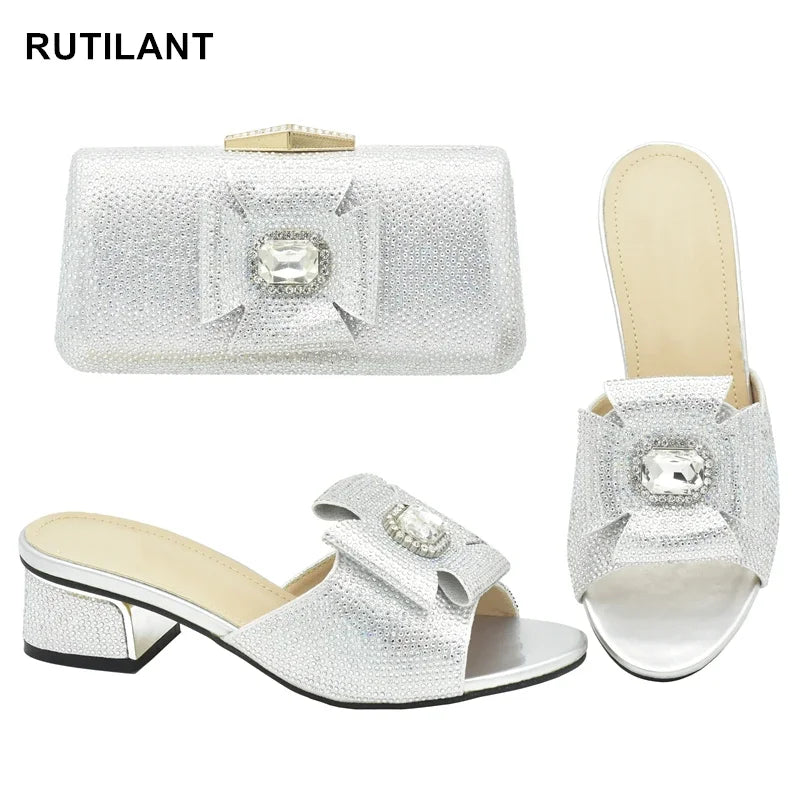 Italian Women Elegant Low Heel Shoes and Bag Set Decorated with Rhinestone for Ladies' Wedding Bride Shoes