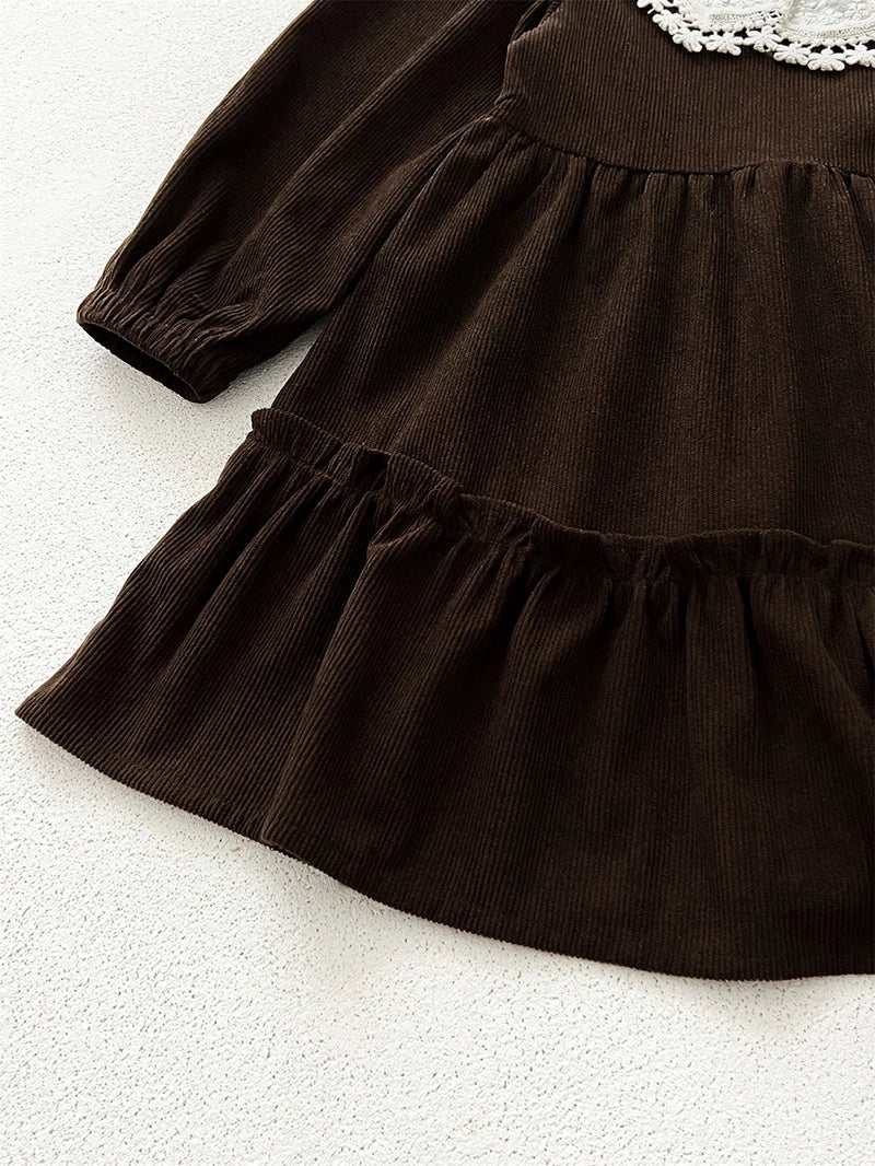 Spring Autumn Girls' Dress Corduroy Long Sleeve Lace Ruffled Collar Dress for Kid's Children's Clothing 2-6Y Girls