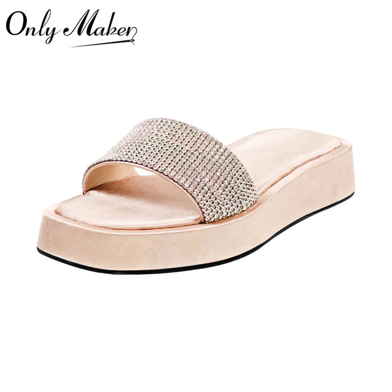 Women Flat Sandals Rhinestone Slippers Peep Toe SlidePink Summer Flat Sandals