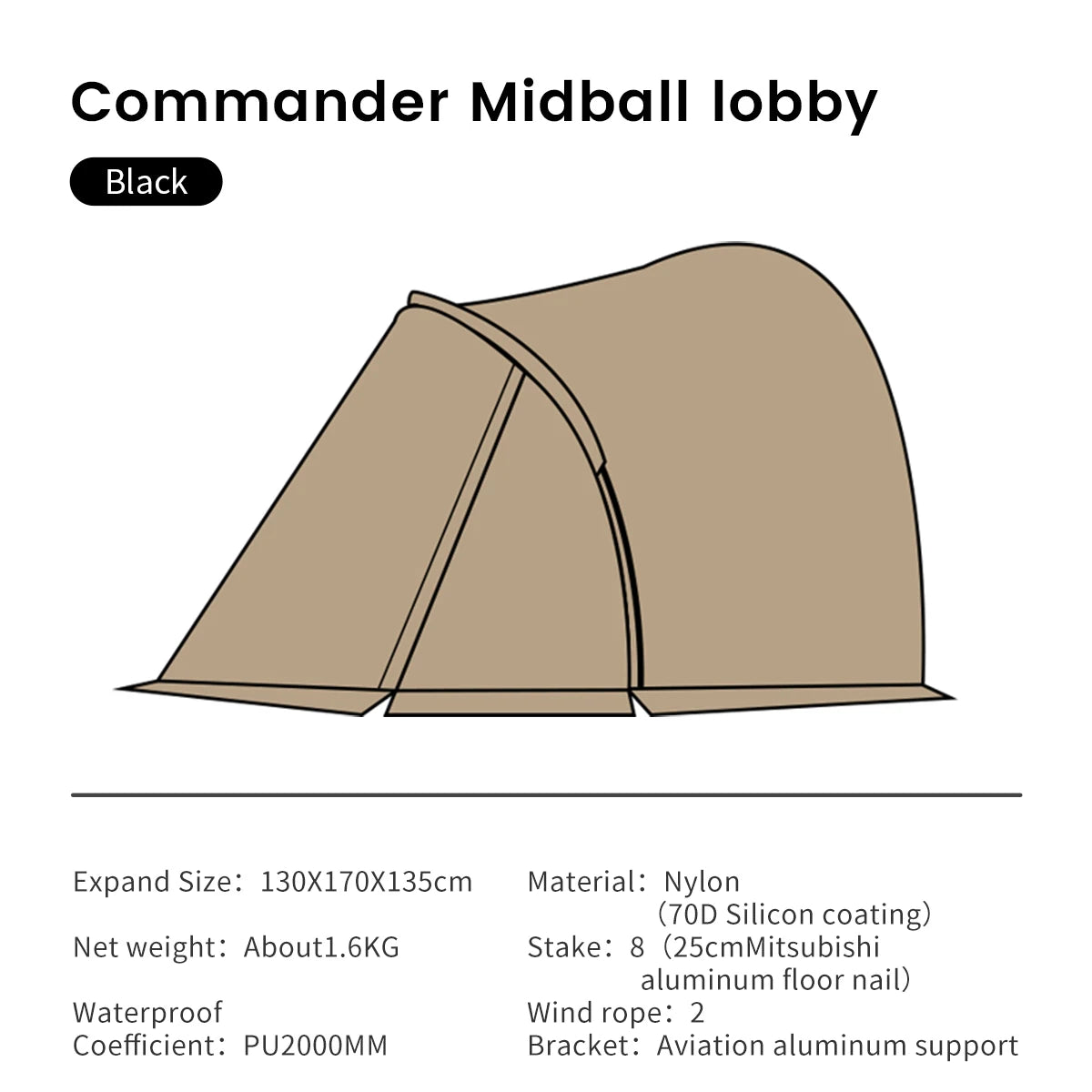 Camping Tent Commander Dome Tent Shelter Waterproof Windproof Ultra-light 70D Nylon 160/185/245CM