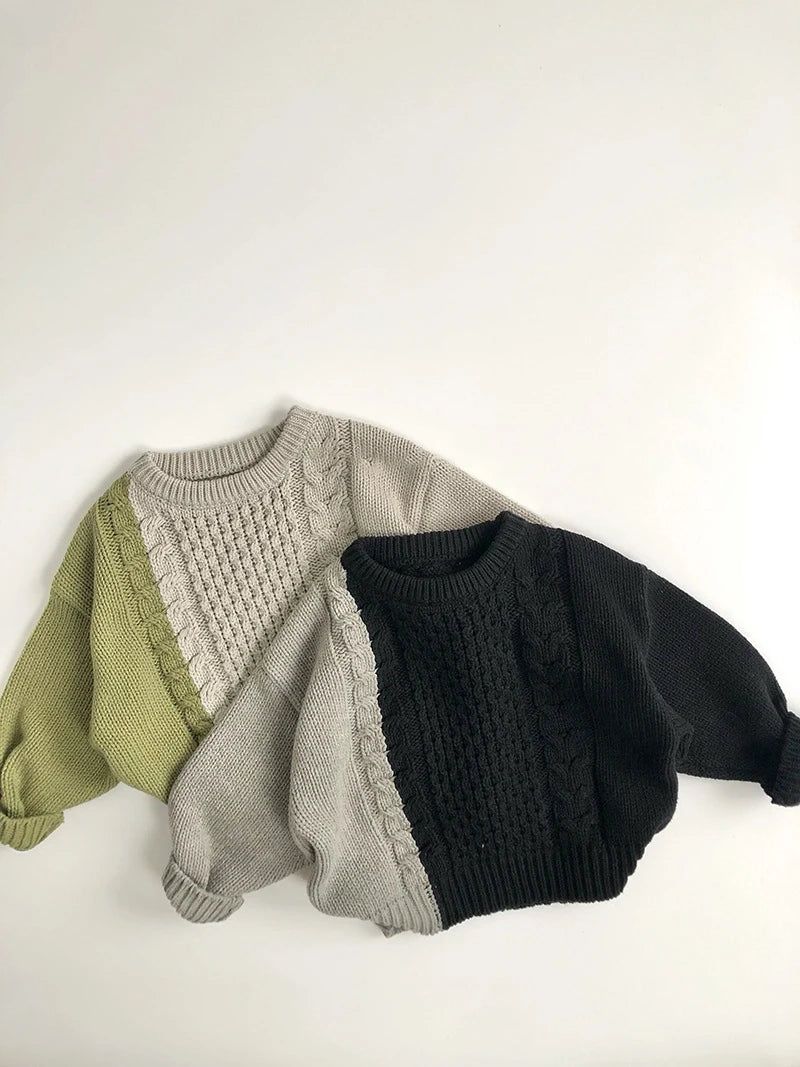 New Autumn Kid's Sweater Boys Trendy Patchwork Sweater Girls Knitted Pullover Children's Loose Knitwear 1-6Y Unisex