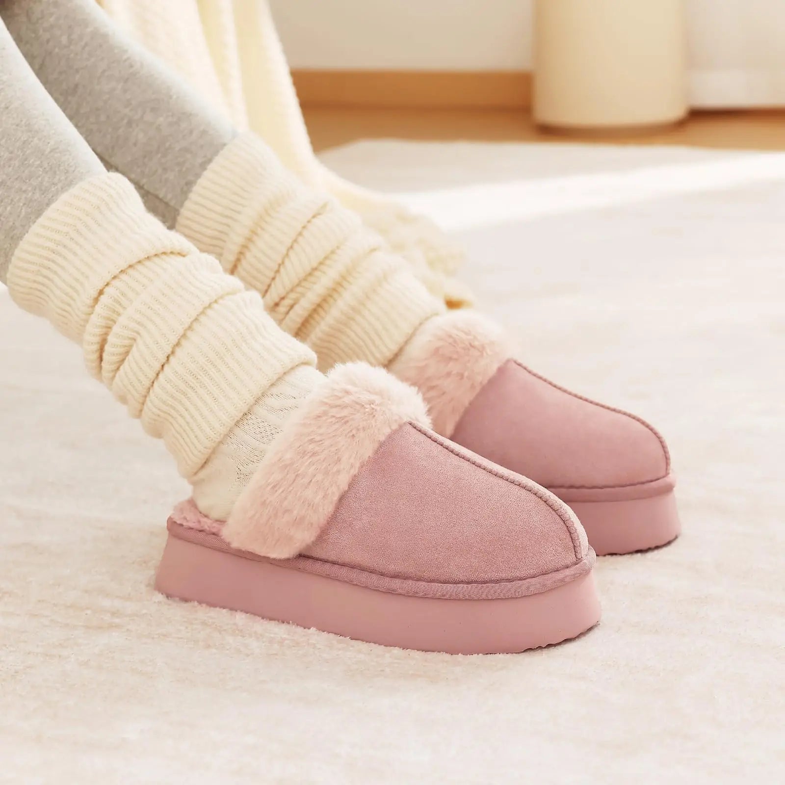 Women's Winter Warm Fuzzy Platform Shoes With Fluffy Memory Foam Suitable For Indoor Use Cosy Ladies' Fur Slides Plush Cotton Slippers