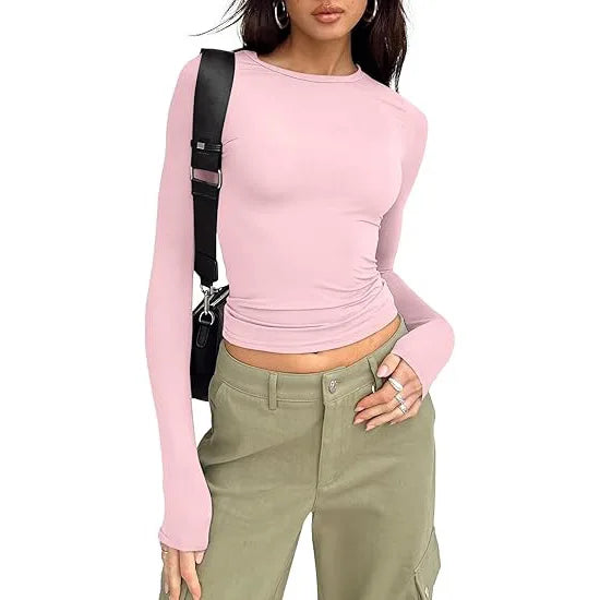 Fashion Senior Women's Long Sleeve Crew Neck Solid Slim Fit T-shirt Crop Top Ladies Daily Streetwear Casual Tee