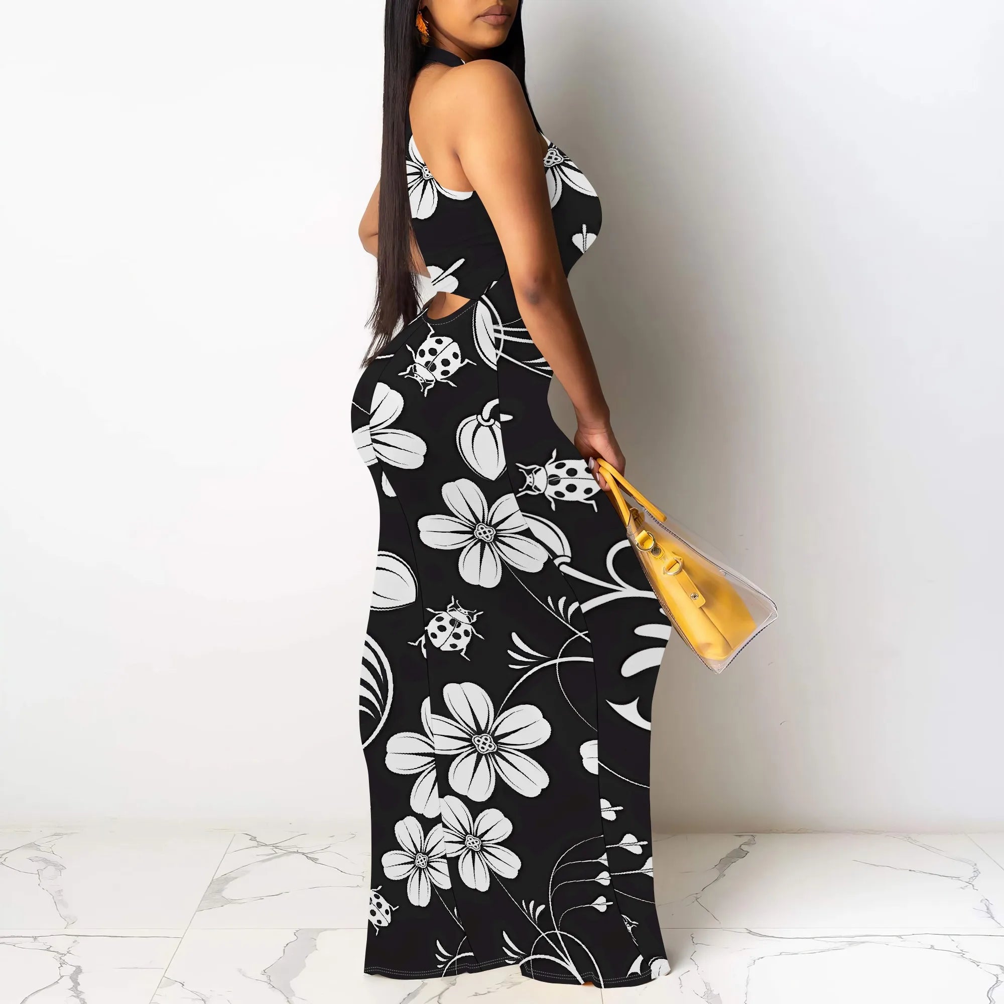 Halter Neck Maxi Dress Women Sleeveless Summer Elegant Floral Print Long Dress for Vacation Beach Party