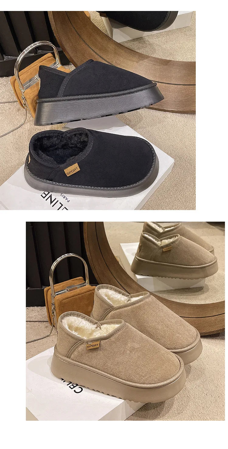 Women's Winter Warm Fuzzy Lining Cotton Shoes Fur Fluffy Slippers For Indoor and Outdoor Use With Anti-Skid Plush Thick Sole Cotton Shoes