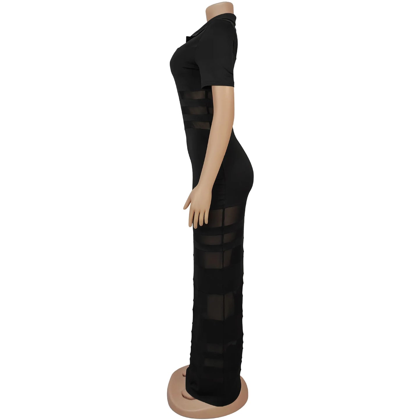 Sexy Women Turn Down Collar Short Sleeve Mesh Patchwork Striped Long Dress Vestidos