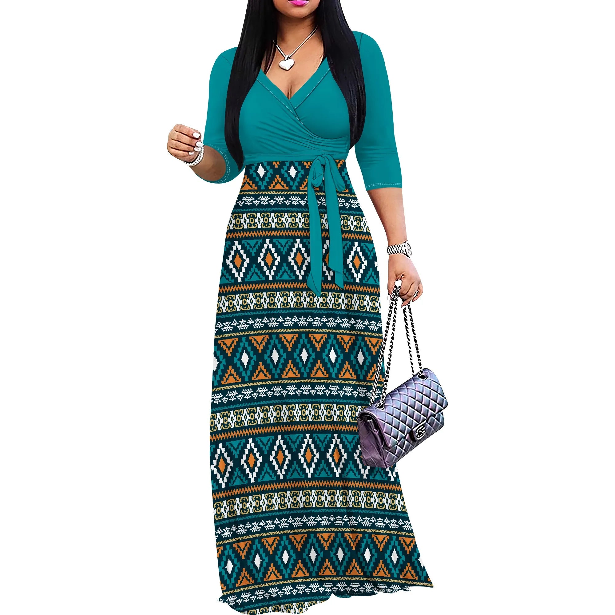 Women's Floral Print Maxi Dresses Summer with Pockets Casual 3 4 Sleeve V-Neck Wrap Tie Waist Long Dress