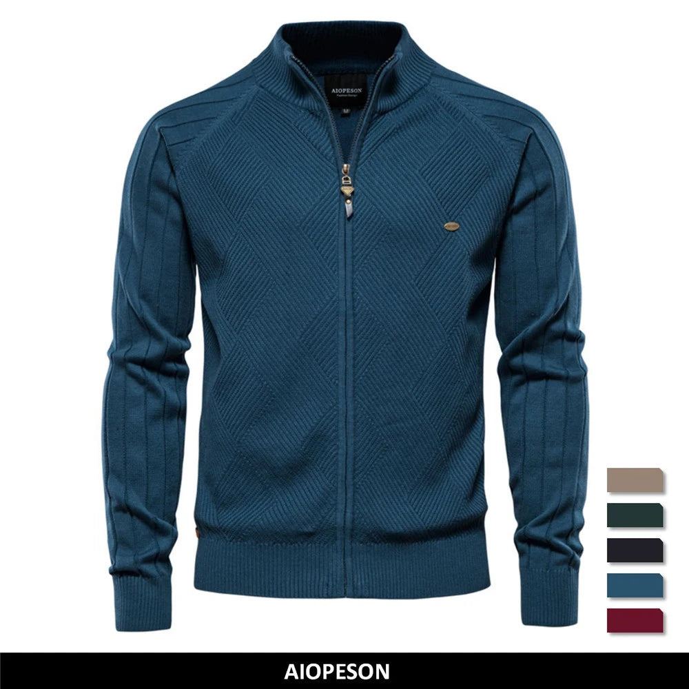 Men's Argyle Solid Colour Cardigan Casual Quality Zipper Cotton Winter Sweaters Basic Cardigans for Men