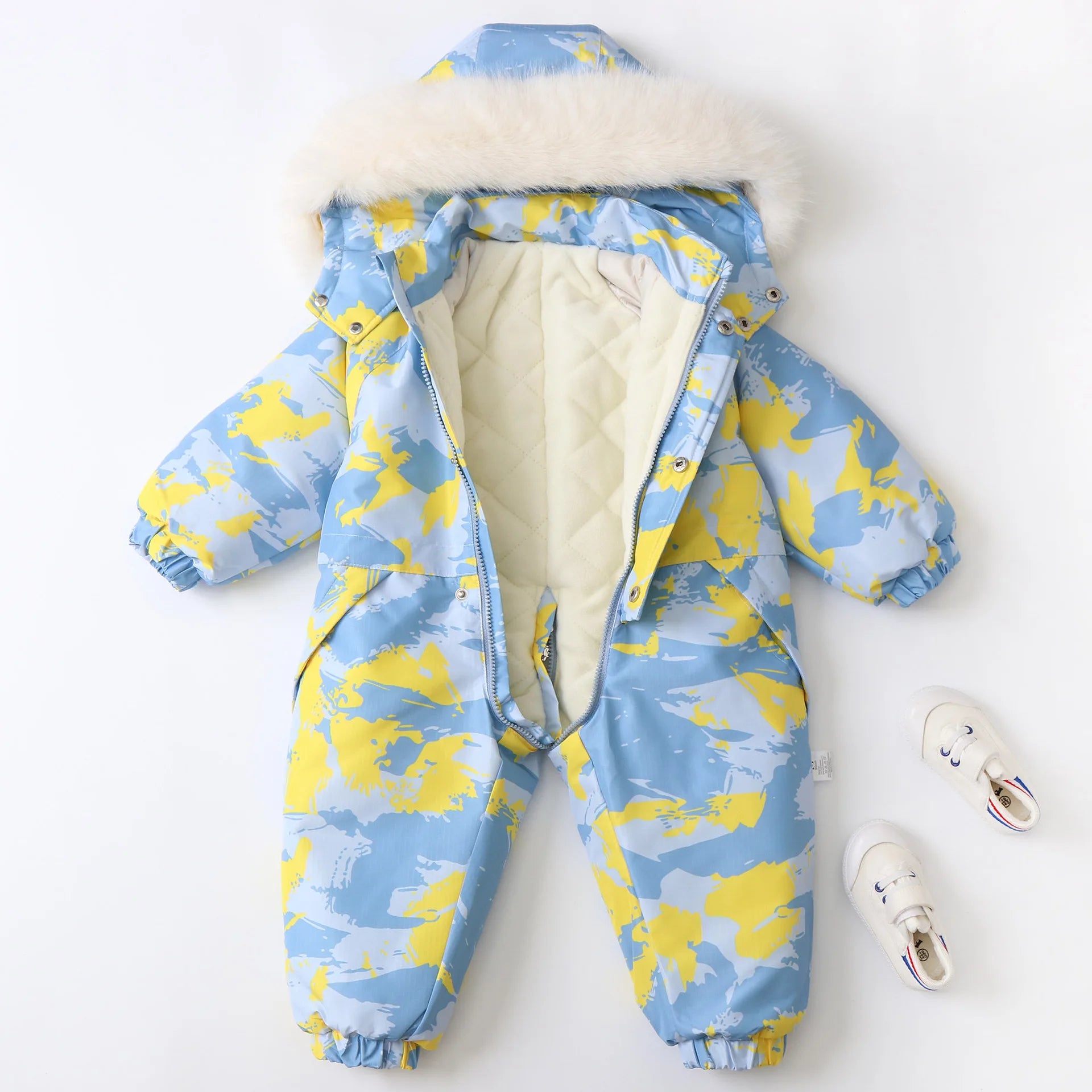 Kid's Snowboard Clothing 2024 Winter Children's Snow Suit Girls Floral Printed Ski Suit Boys Fur Lining Hooded Snowboard Coats 4-6Y Unisex