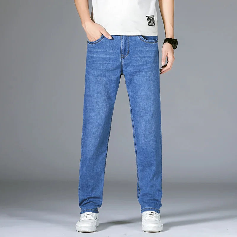 2025 Dunne of dikke stoffen kantoor- en zakenjeans voor heren, klassiek blauw, zwart, katoenen stretch, rechte denimbroek, herenmerkbroeken