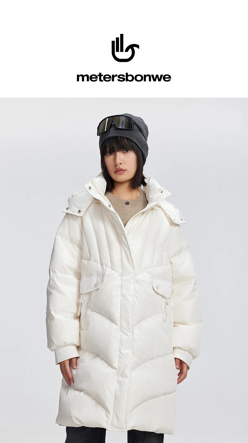 Women's Winter Down Jacket Duck Down Detachable Hood Puffer Coats, Simple Korean Style Mid-Length  Jacket for Ladies
