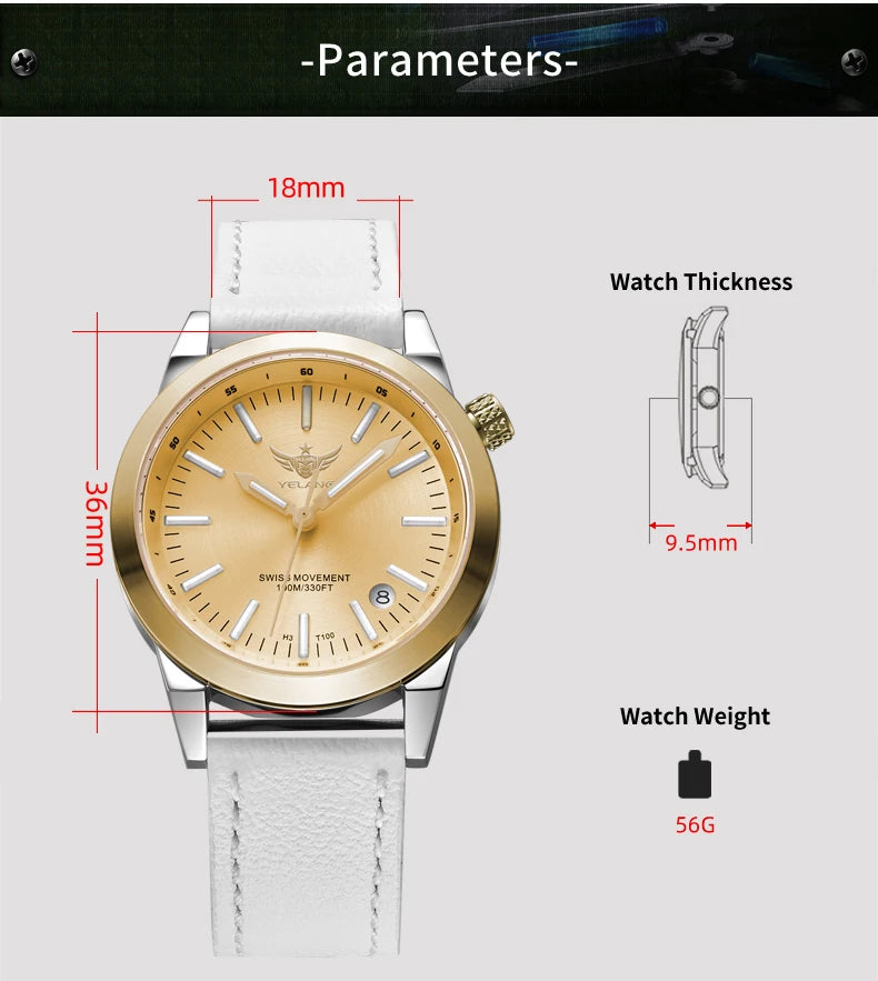 Yelang V1010 36MM Women's Quartz Watch – Elegant Waterproof Fashion Watch with Sapphire Glass & Luminous Dial – Luxury Gift for Women & Students