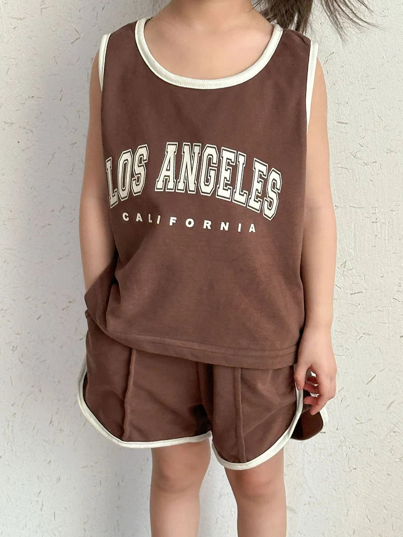 New Summer Kids Clothes Set Children Thin Style Letter Sports Suit Girls Tank Top Shorts Boys Outfits 4-6Y Unisex