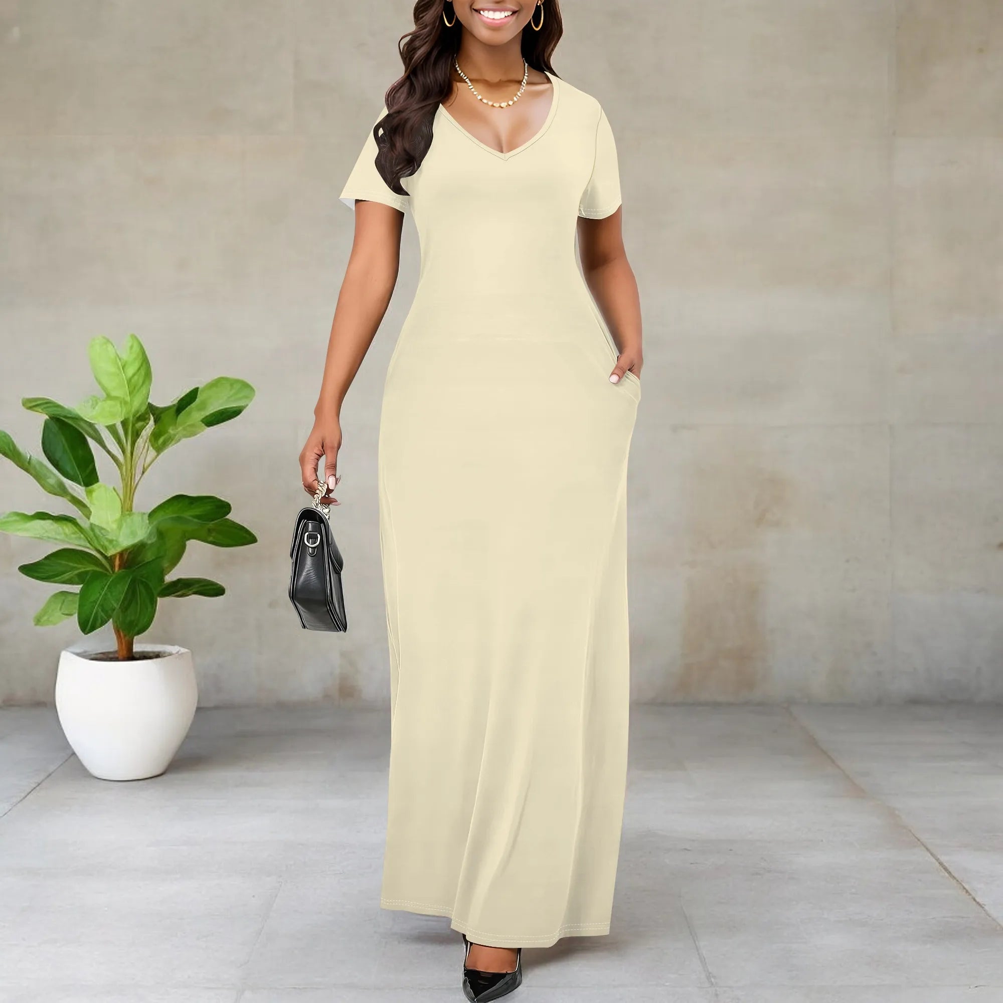 Women's Casual Short Sleeve Sexy V Neck Solid Color T Shirt Maxi Dress Summer Beach Swing Sundresses with Pockets